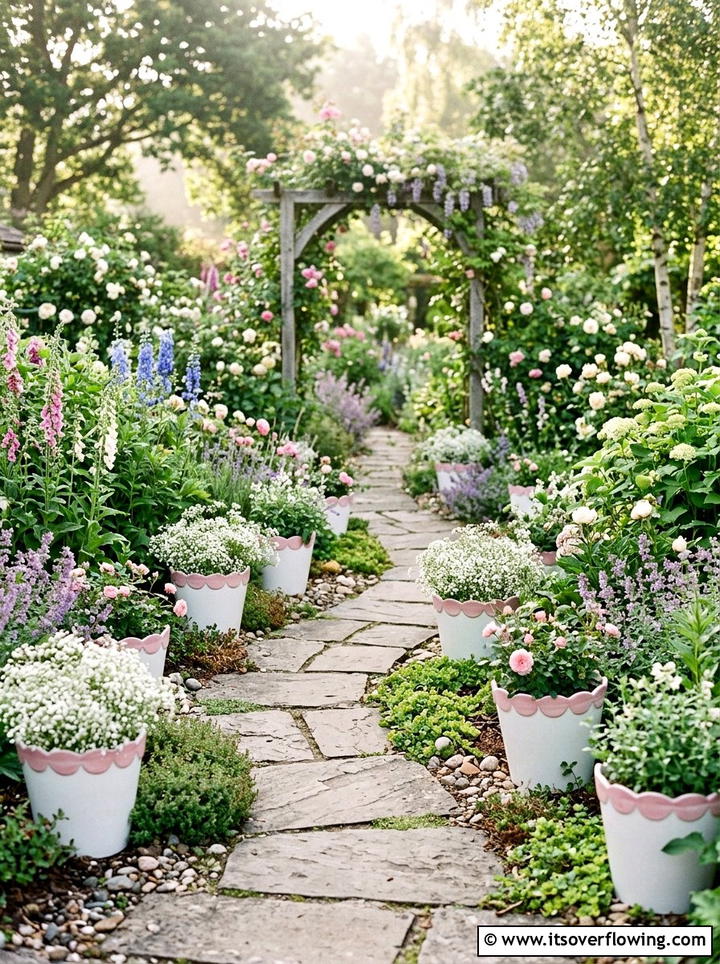 Whimsical garden path with scalloped planters - 25 creative garden ideas with painted planters