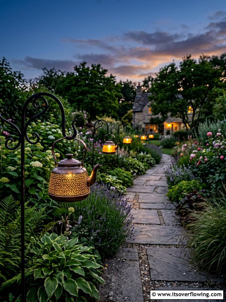 Whimsical kettle garden lights - 25 upcycled garden ideas with old kettles