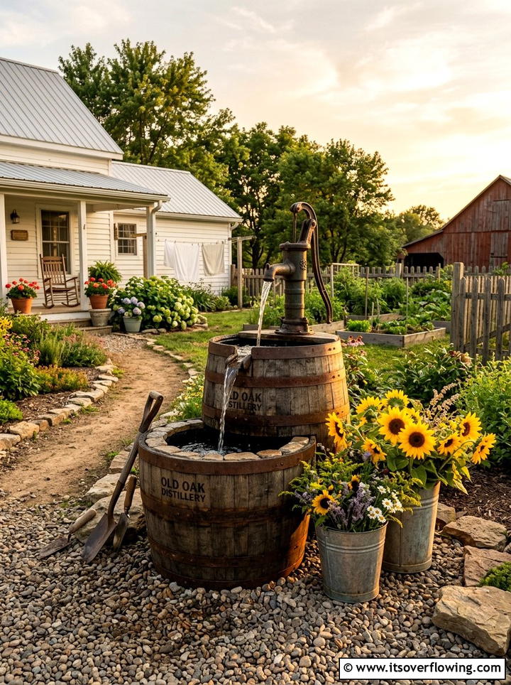Whiskey Barrel Fountain - 25 backyard decorating ideas with mini fountains