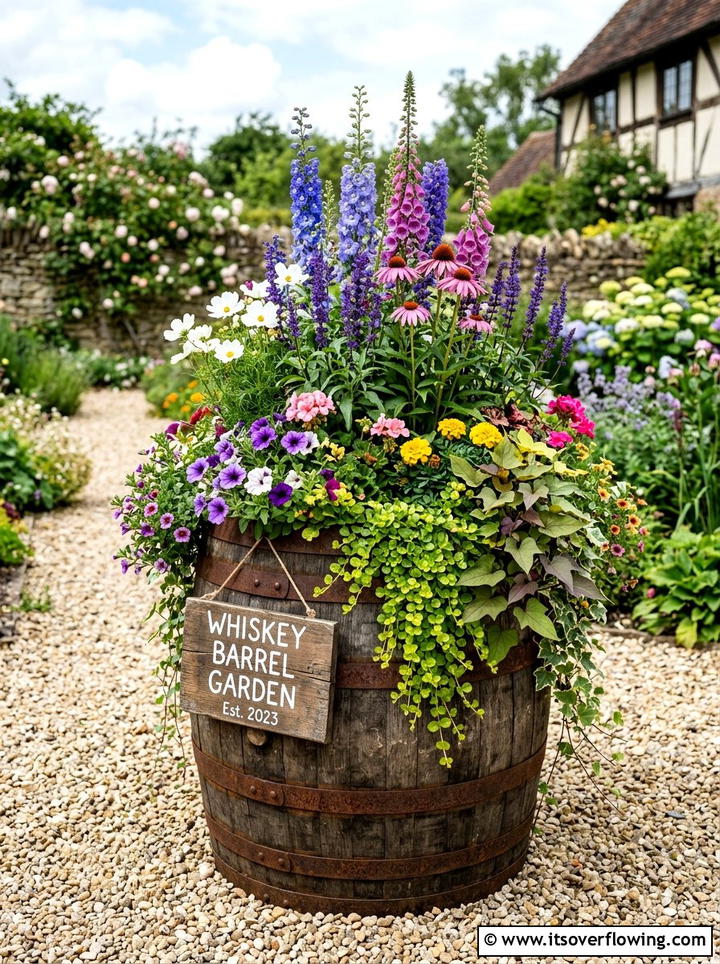 Whiskey Barrel Garden - 25 upcycled garden ideas with garden signs