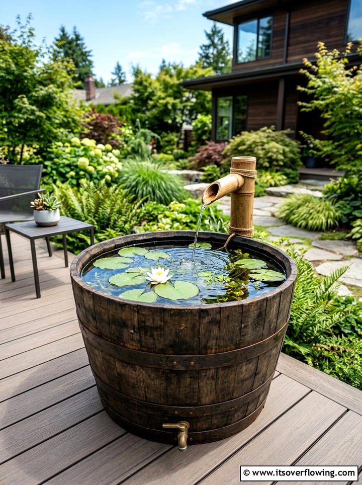 Whiskey Barrel Water Feature - 25 reusing old things ideas for yard art