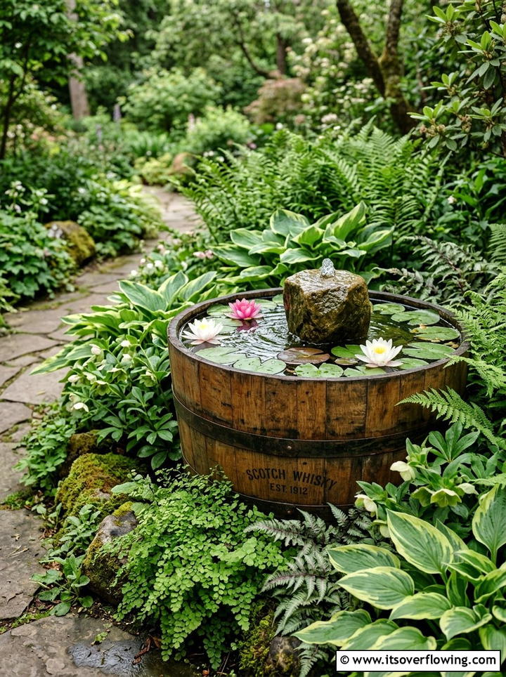 Whiskey Barrel Water Feature - 25 upcycled garden ideas with old barrels