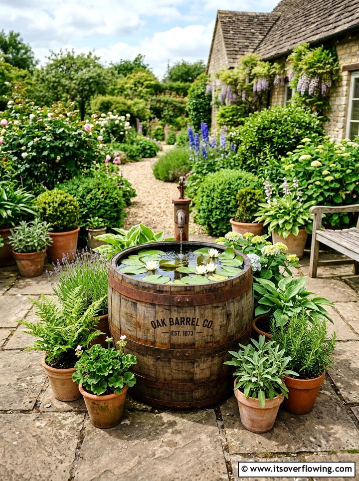 Whiskey Barrel Water Feature - 25 creative garden ideas with rustic charm