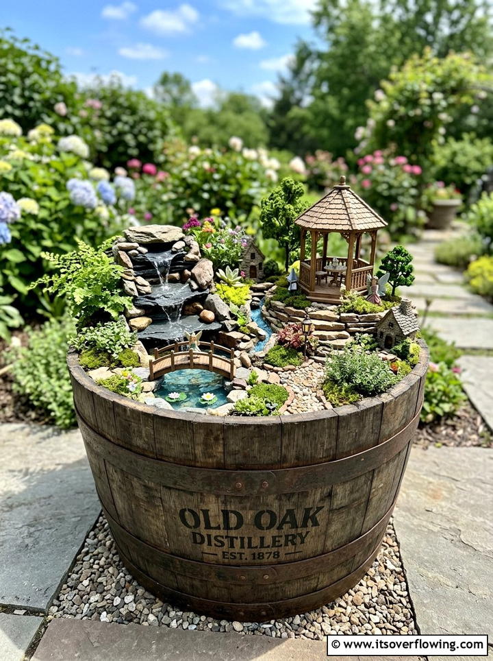 Whiskey Barrel - 25 upcycled garden ideas with fairy gardens