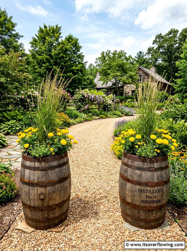 Whiskey barrel planter - 25 garden decor ideas with rustic accents