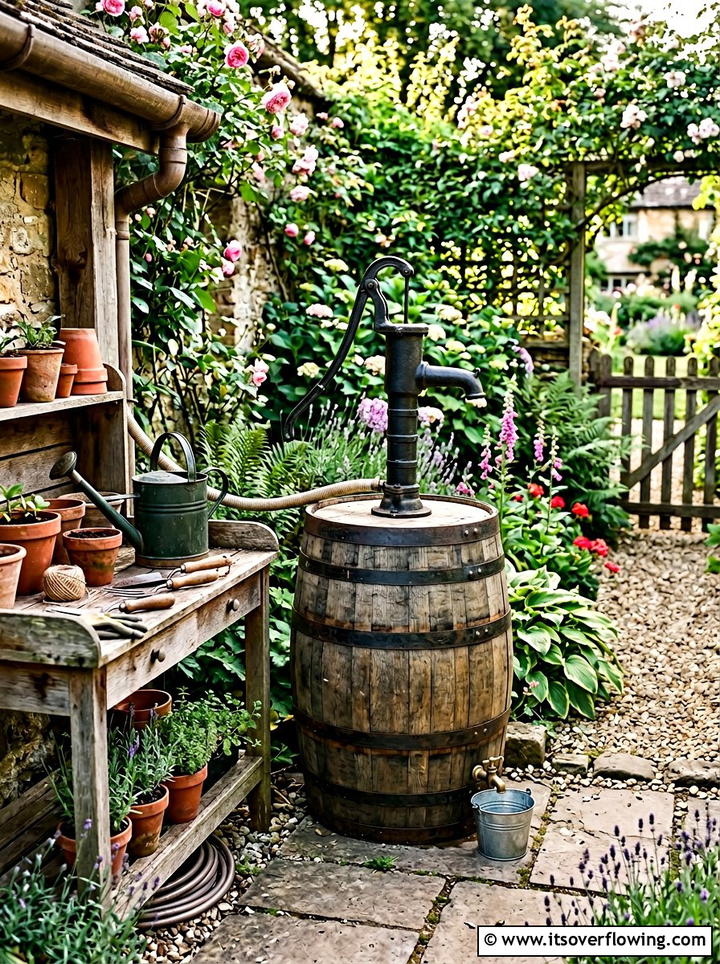 Whiskey barrel rain collector with pump - 25 creative garden ideas with rain barrel displays