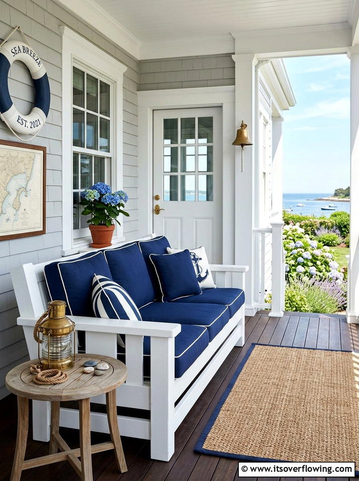 White Bench Blue Cushions - 25 front porch decor ideas with coastal blue palette