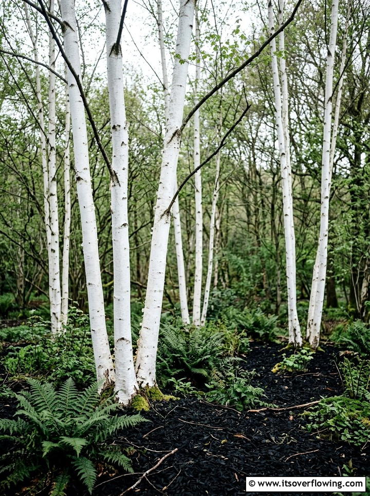 White Birch Trees With Black Bark Chips - 25 creative garden ideas with black and white gardens