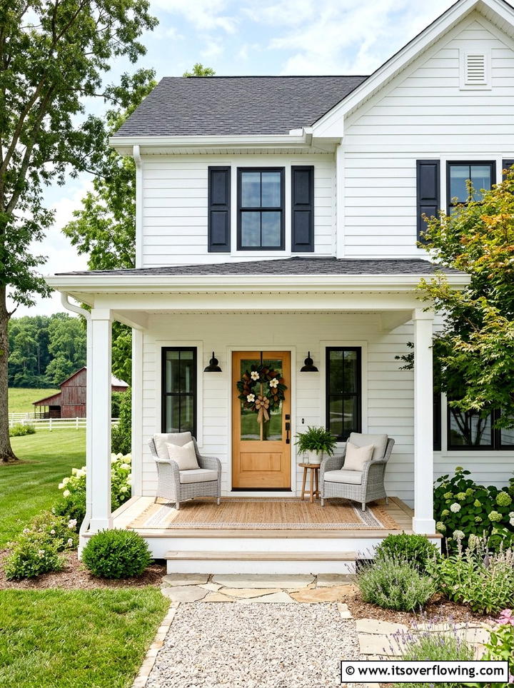 White Farmhouse Exterior - 25 front porch decor ideas with magnolia wreath