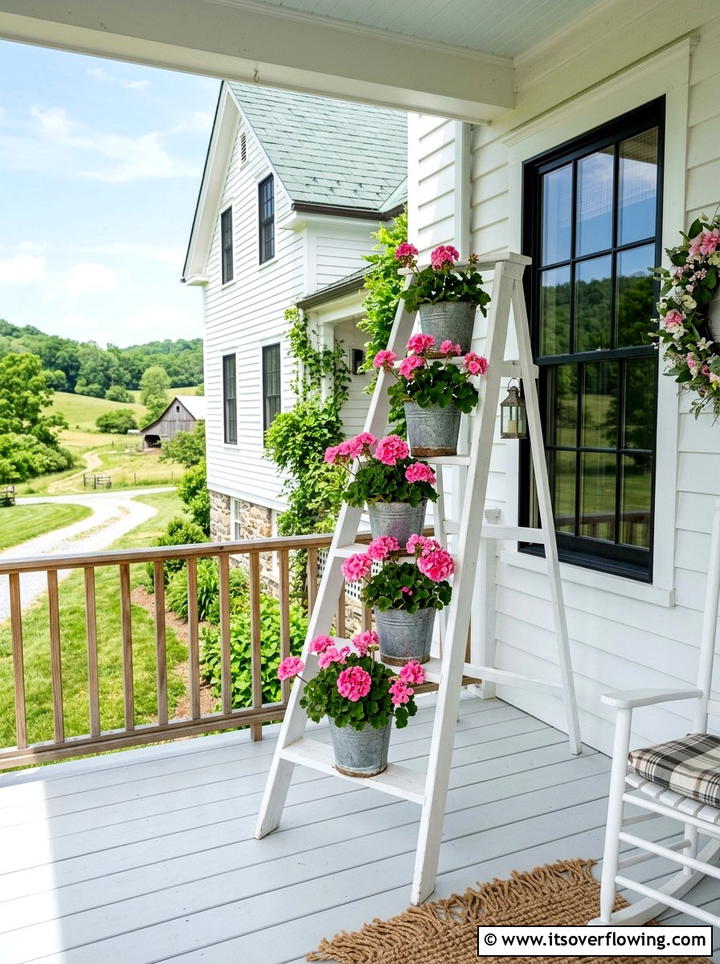 White Farmhouse Ladder Planter - 25 backyard ideas with old ladder planter