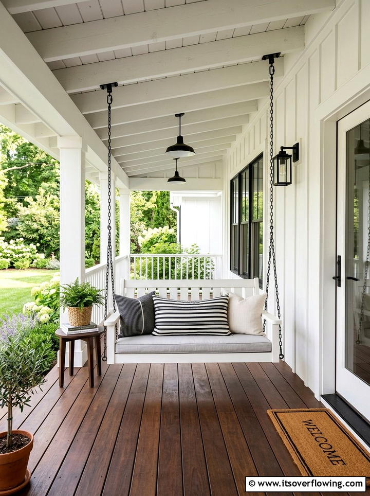 White Farmhouse Porch Swing - 25 front porch ideas with porch swing