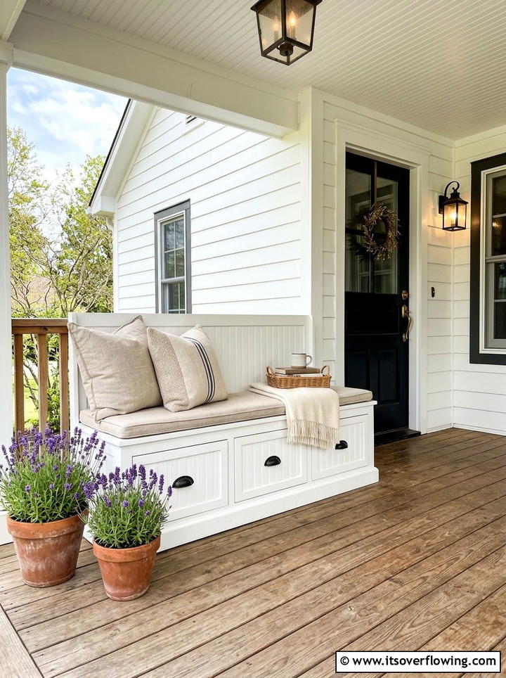 White Farmhouse Storage Bench - 25 front porch ideas with storage bench