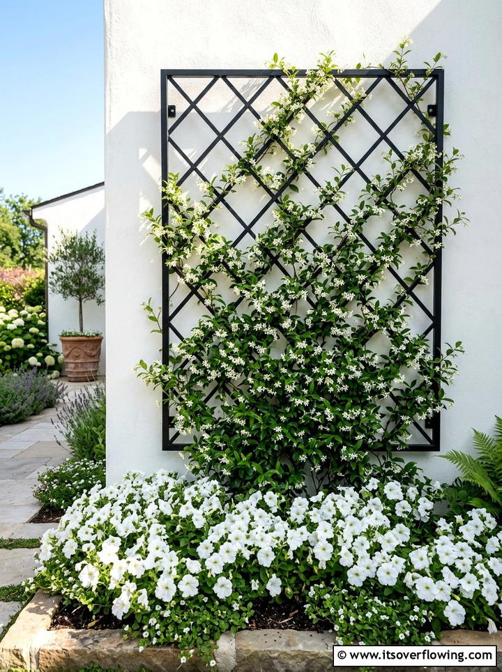 White Flower Border With Black Trellis - 25 creative garden ideas with black and white gardens