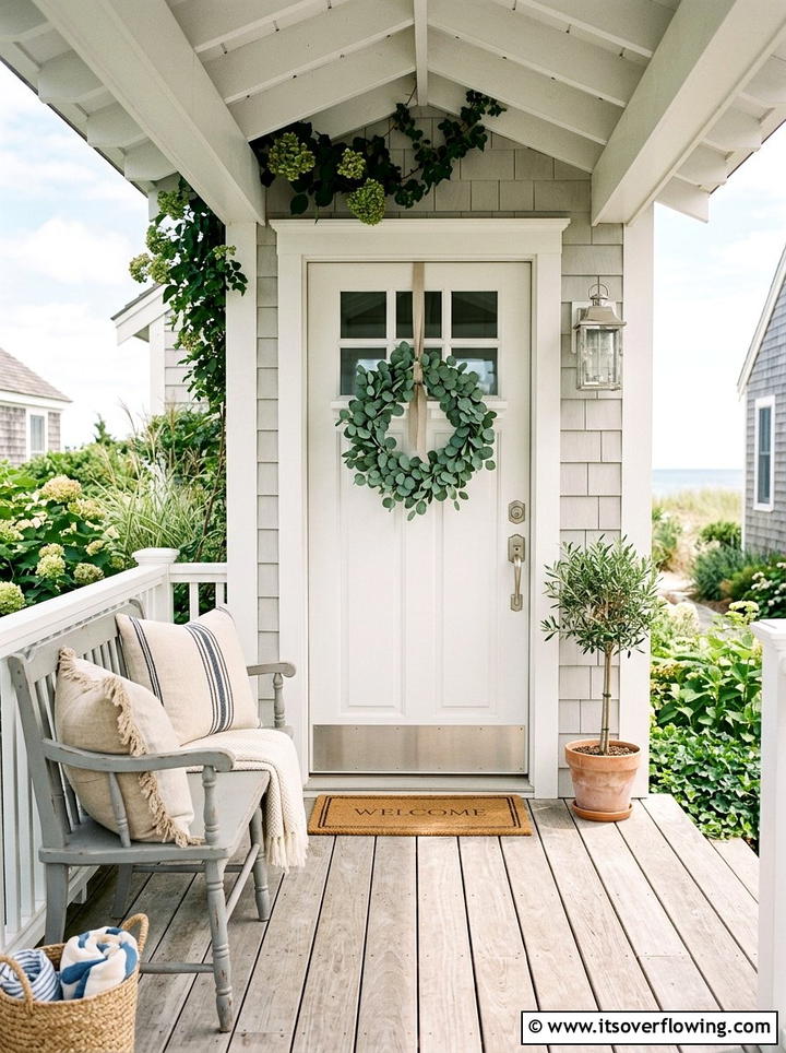 White Front Door - 25 front porch decor ideas with eucalyptus wreath