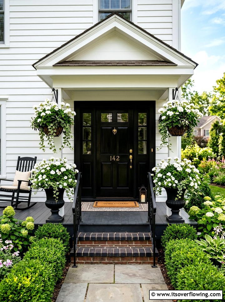 White Geranium Front Door Display - 25 garden decor ideas with hanging baskets