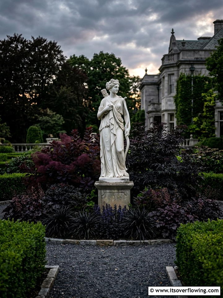 White Marble Statues In Black Garden Beds - 25 creative garden ideas with black and white gardens