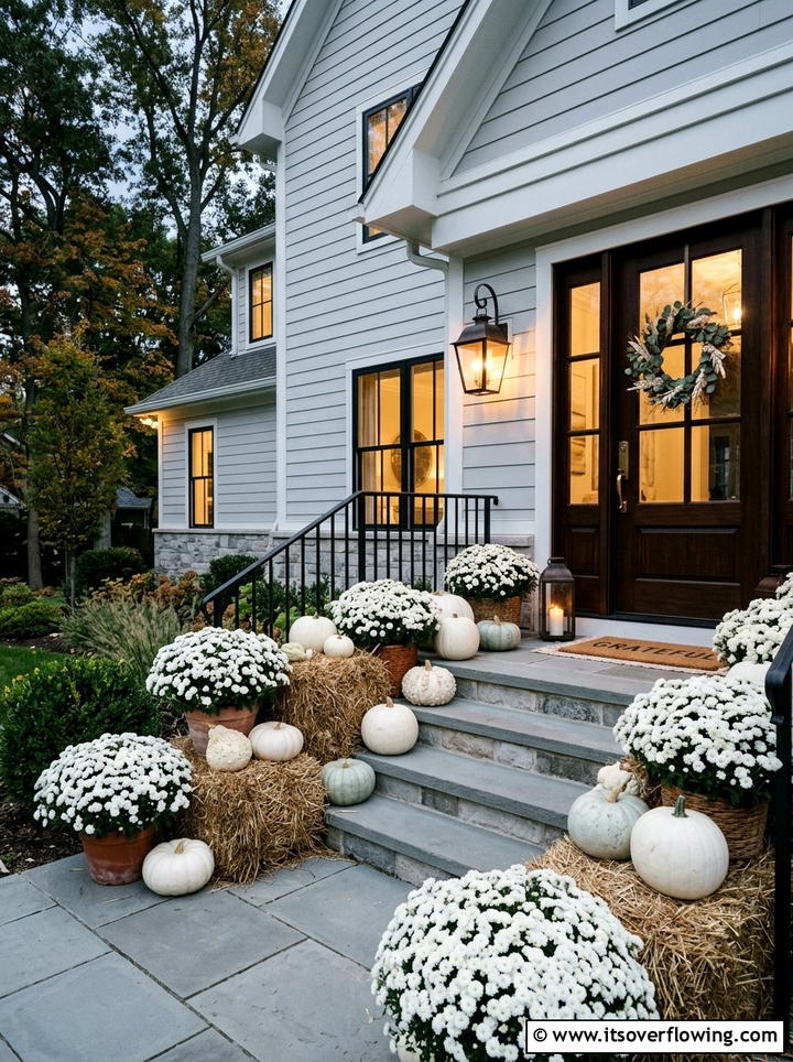 White Mums On Front Steps - 25 front porch decor ideas with mums and hay bales