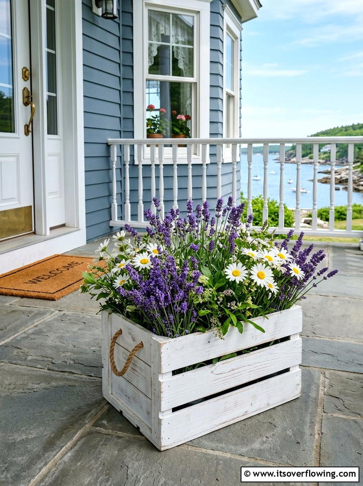 White Painted Crate Flower Display - 25 front porch ideas with crate decor