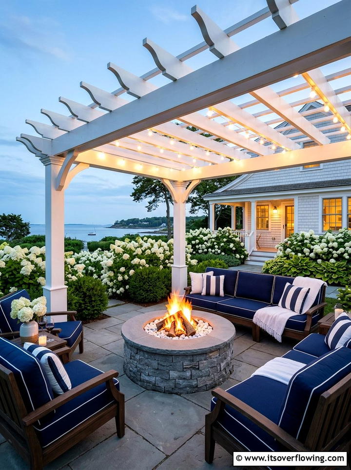 White Pergola Fire Pit - 25 backyard ideas with pergola and fire pit