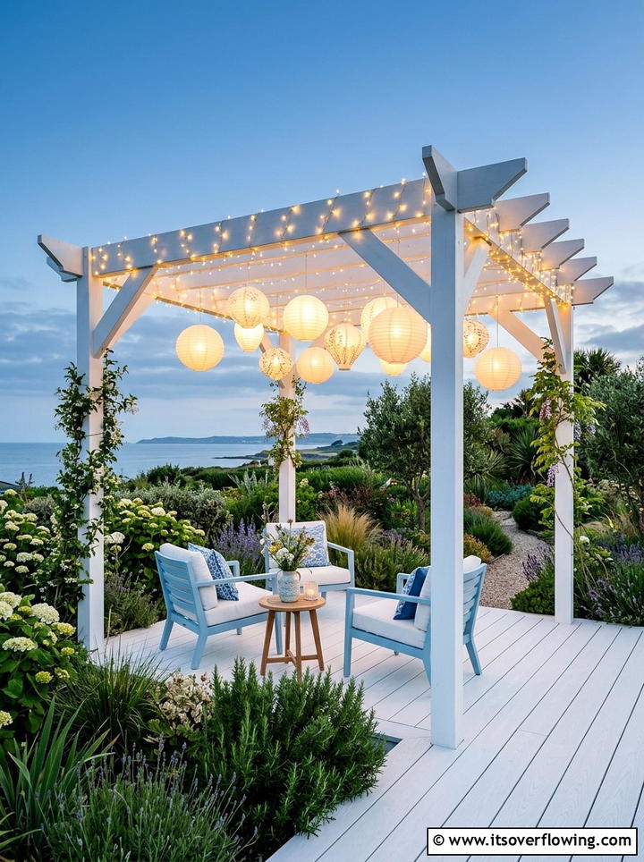 White Pergola Hanging Lanterns - 25 backyard decorating ideas with pergola string lights