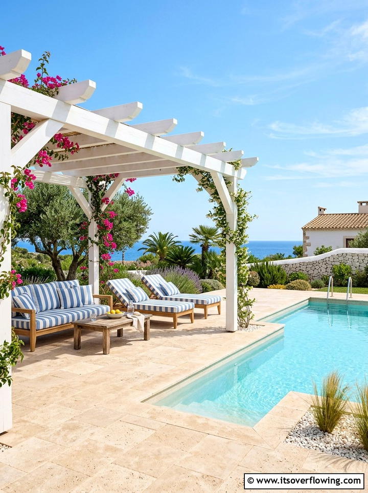 White Pergola With Light Blue Pool Water - 25 backyard ideas with pool and pergola