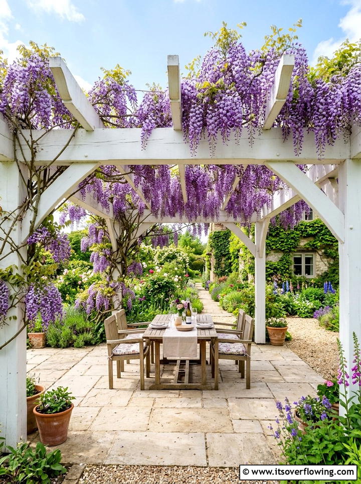 White Pergola With Purple Wisteria - 25 garden design ideas with bold contrast