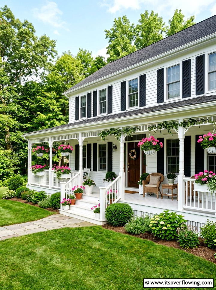White Porch Pink Geraniums - 25 front porch ideas with hanging baskets