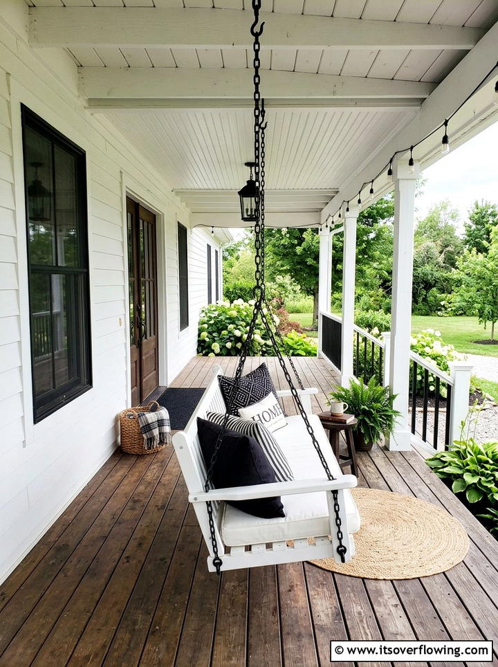 White Porch Swing With Black Pillows - 25 front porch ideas with black and white theme