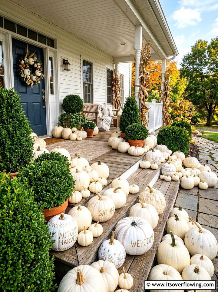 White Pumpkin Display - 25 front porch decor ideas for fall