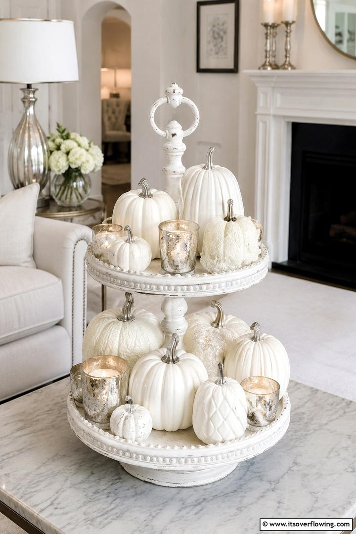 White Pumpkin Elegance - 50 Fall Tiered Tray Decor Ideas for Festive Shelves