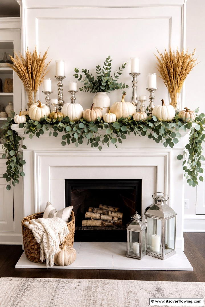 White Pumpkin Mantel Display - 50 Fall Pumpkin Decor Ideas for Cozy Autumn Homes Today