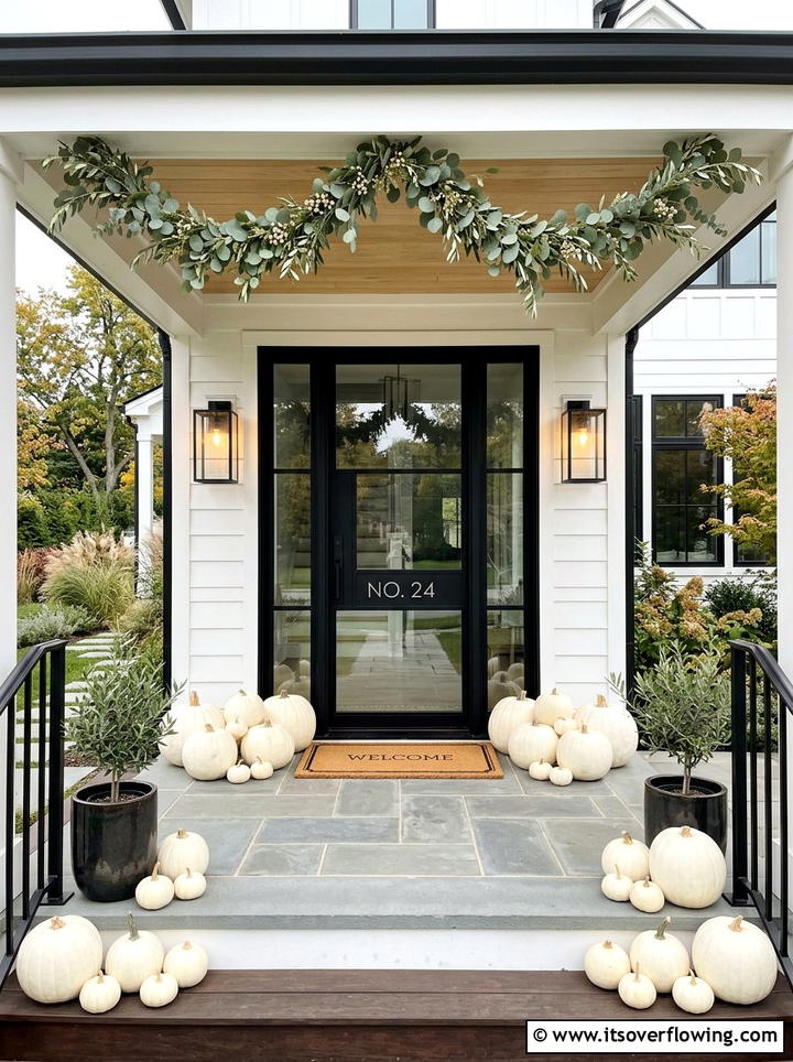 White Pumpkin Porch Display - 25 front porch ideas with fall decor