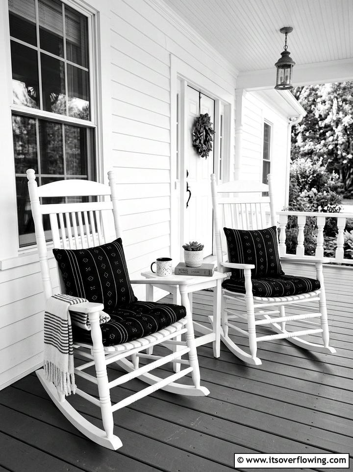 White Rocking Chairs With Black Cushions - 25 front porch ideas with black and white theme
