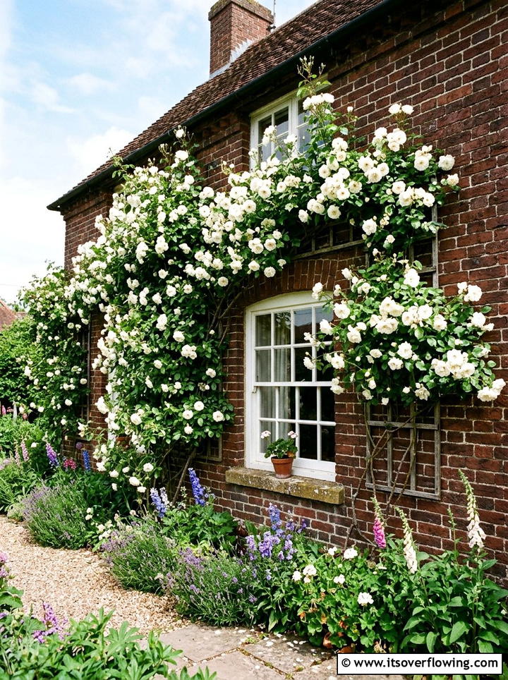 White Roses Against Dark Brick - 25 garden design ideas with bold contrast