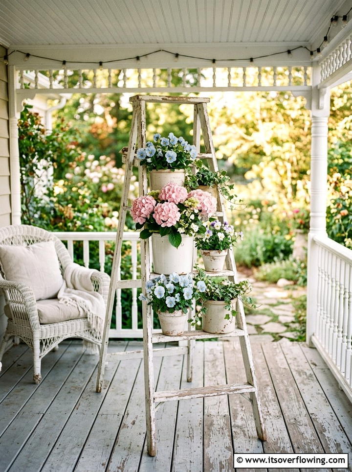 White Shabby Chic Ladder - 25 garden decor ideas with floral ladders