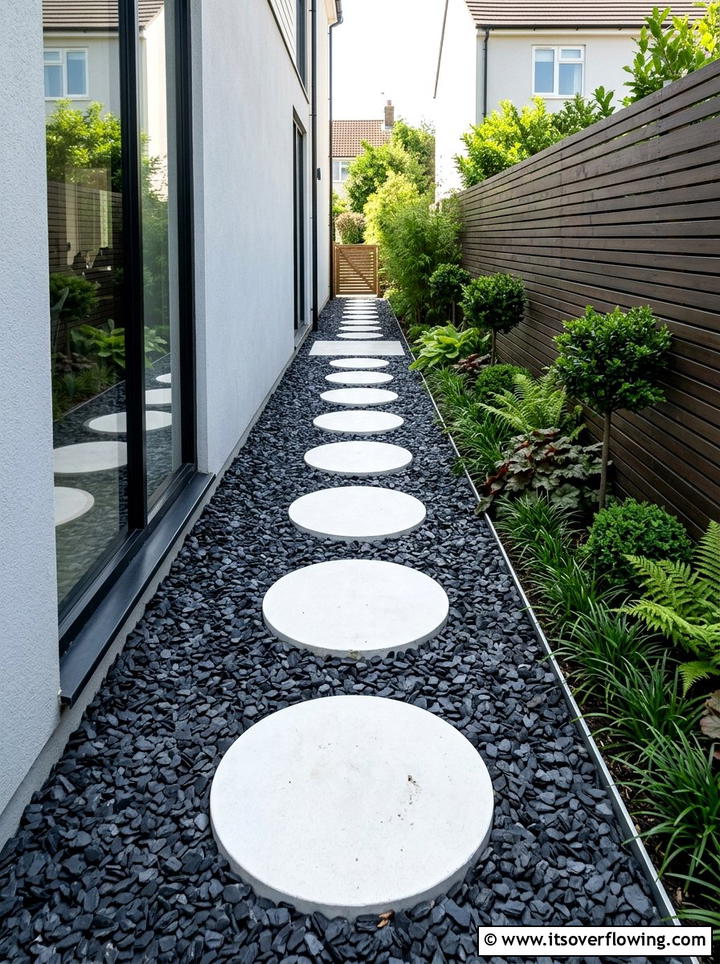 White Stepping Stones On Black Slate - 25 creative garden ideas with black and white gardens