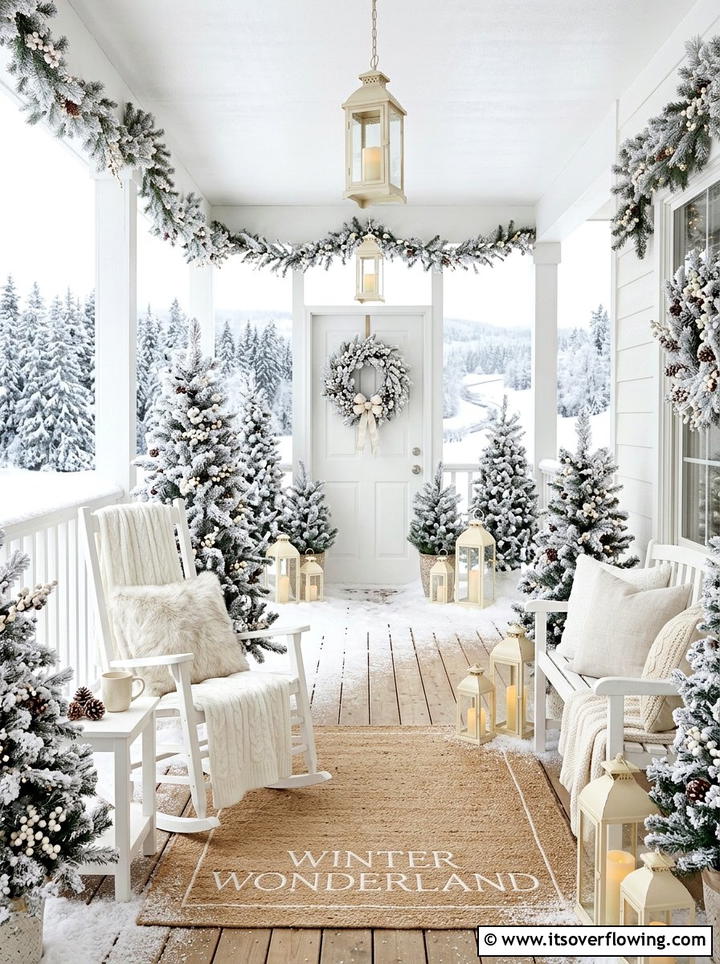 White Winter Porch Theme - 25 front porch ideas with winter decor