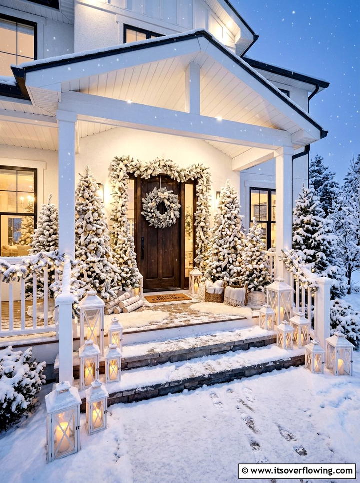White Winter Porch - 25 front porch decor ideas for christmas