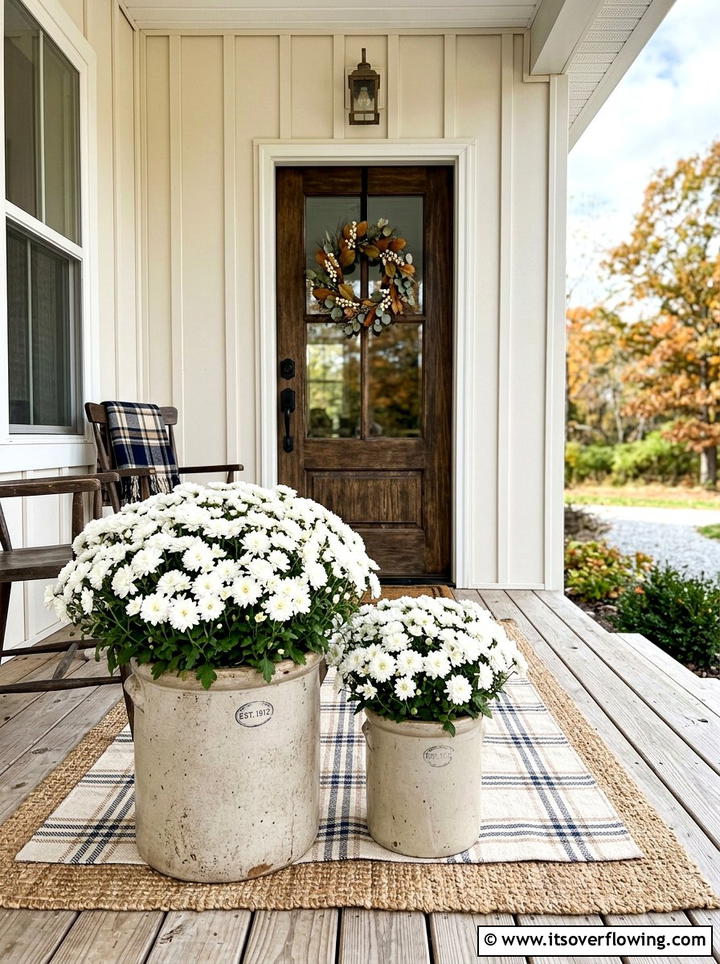 White mums in stoneware crocks - 25 front porch ideas with mums