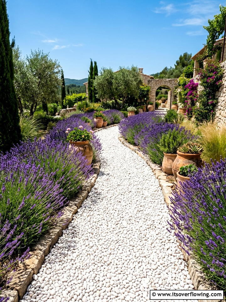 White pebble path with lavender - 25 creative garden ideas with secret pathways