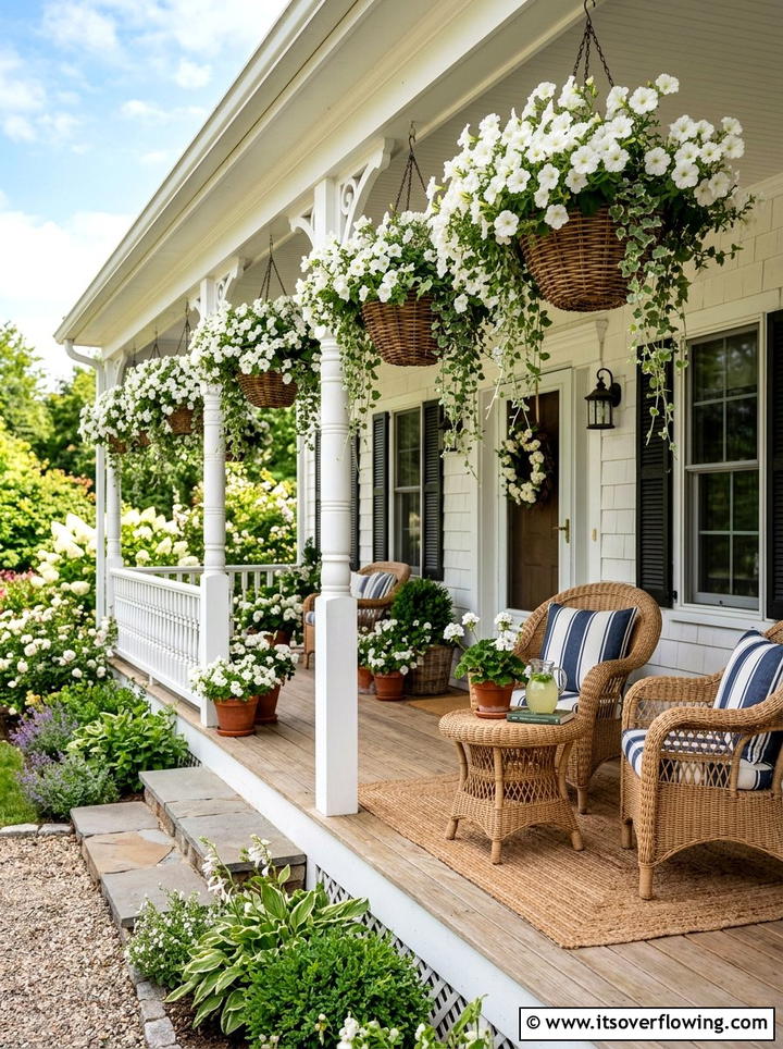 White petunia baskets - 25 creative garden ideas with white flower gardens
