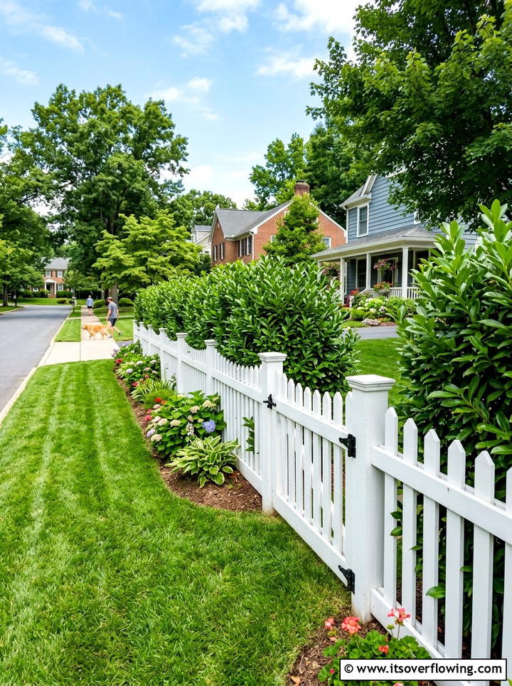 White picket fence with tall shrubs - 25 small garden ideas with privacy screens