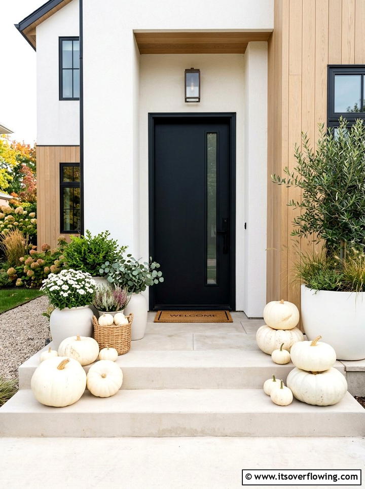 White pumpkin porch display - 25 front porch decor ideas with real pumpkins