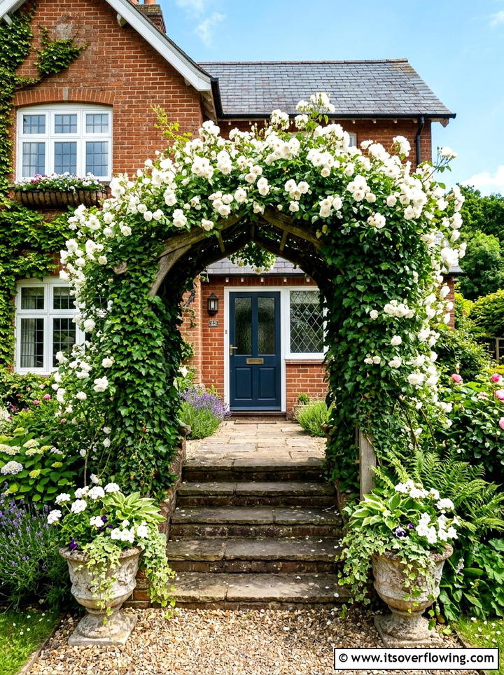 White rose front porch archway - 25 front porch ideas with floral garland