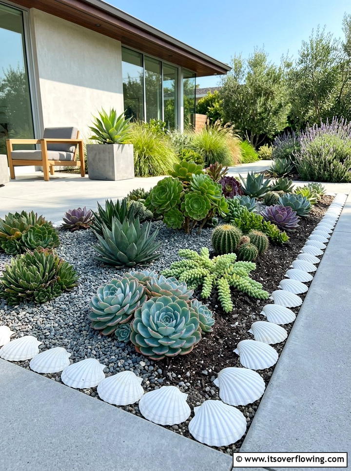White scallop shell border for succulents - 25 garden ideas with shell borders