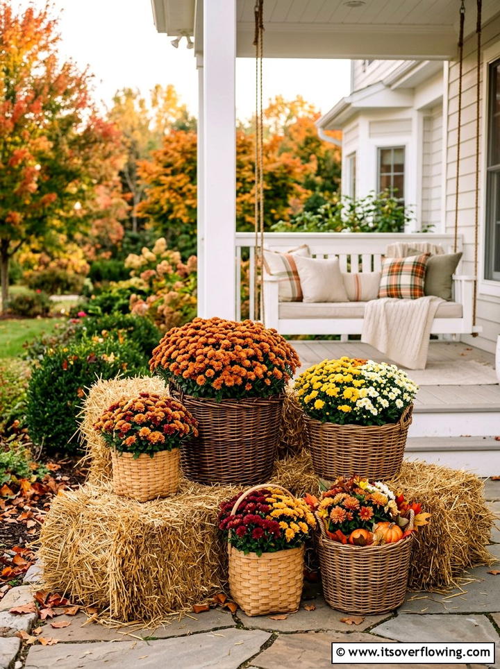 Wicker Basket Fall Display - 25 front porch decor ideas with mums and hay bales