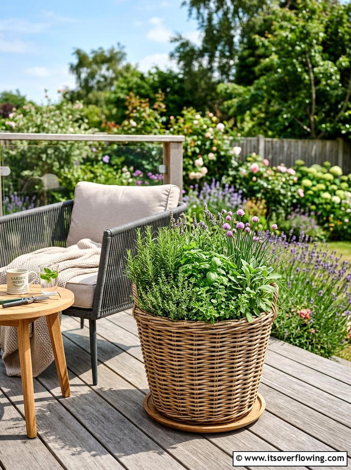 Wicker Basket Herb Garden - 25 upcycled garden ideas with herb planters