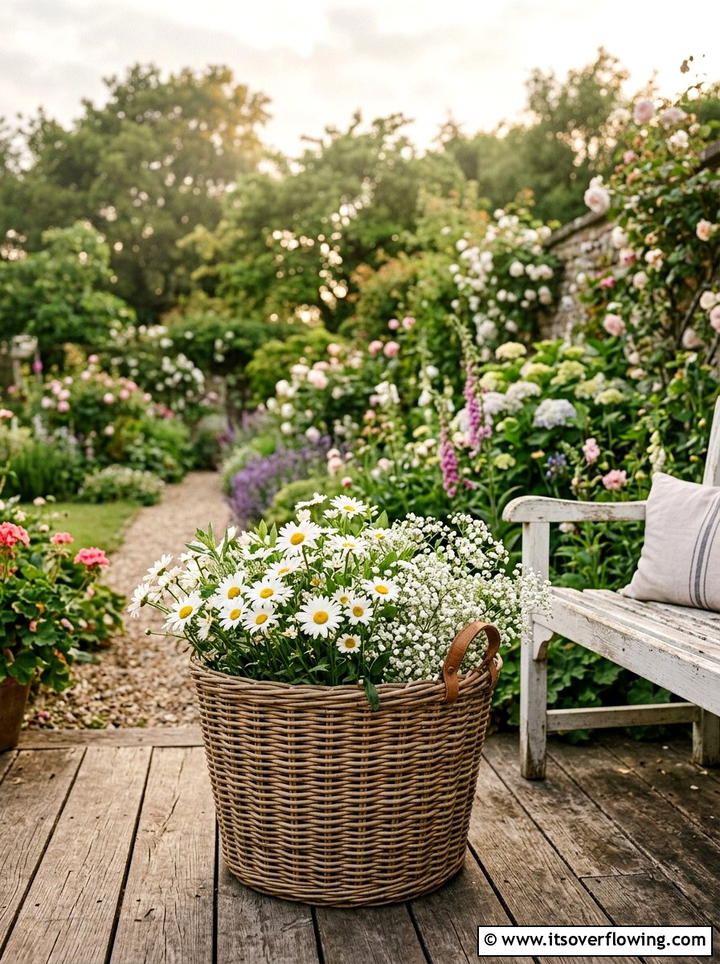 Wicker Basket Planter - 25 upcycled garden ideas with flower boxes