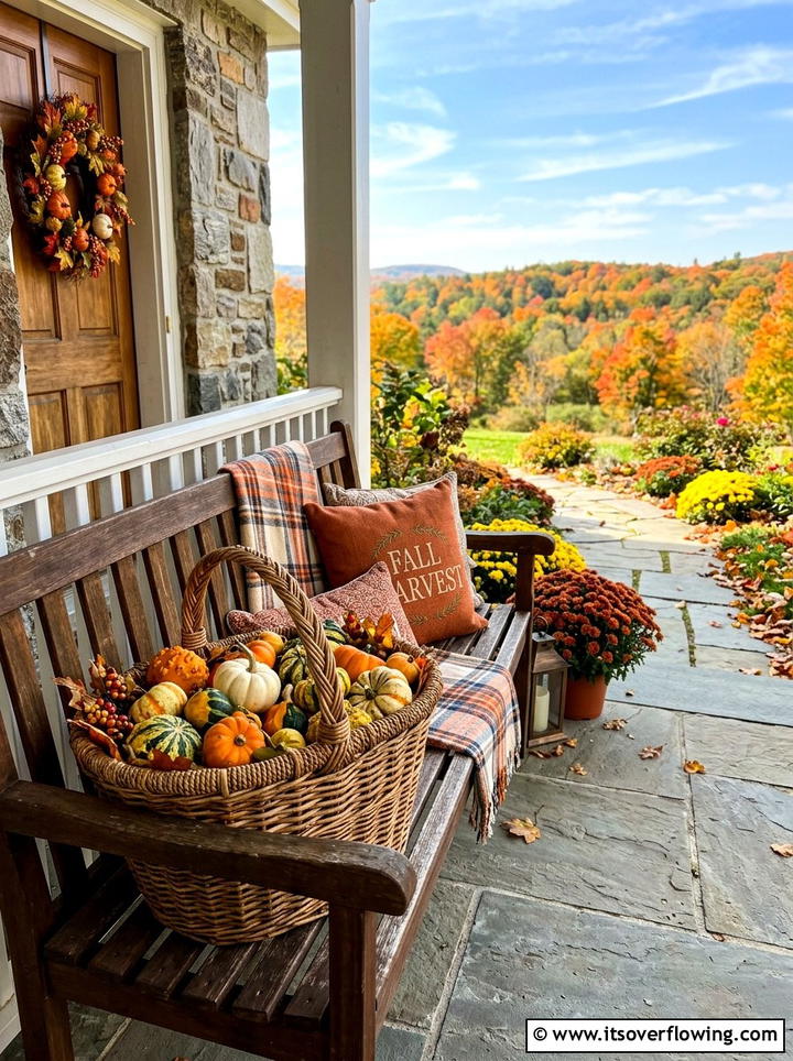 Wicker Basket With Fall Gourds - 25 front porch ideas with fall decor