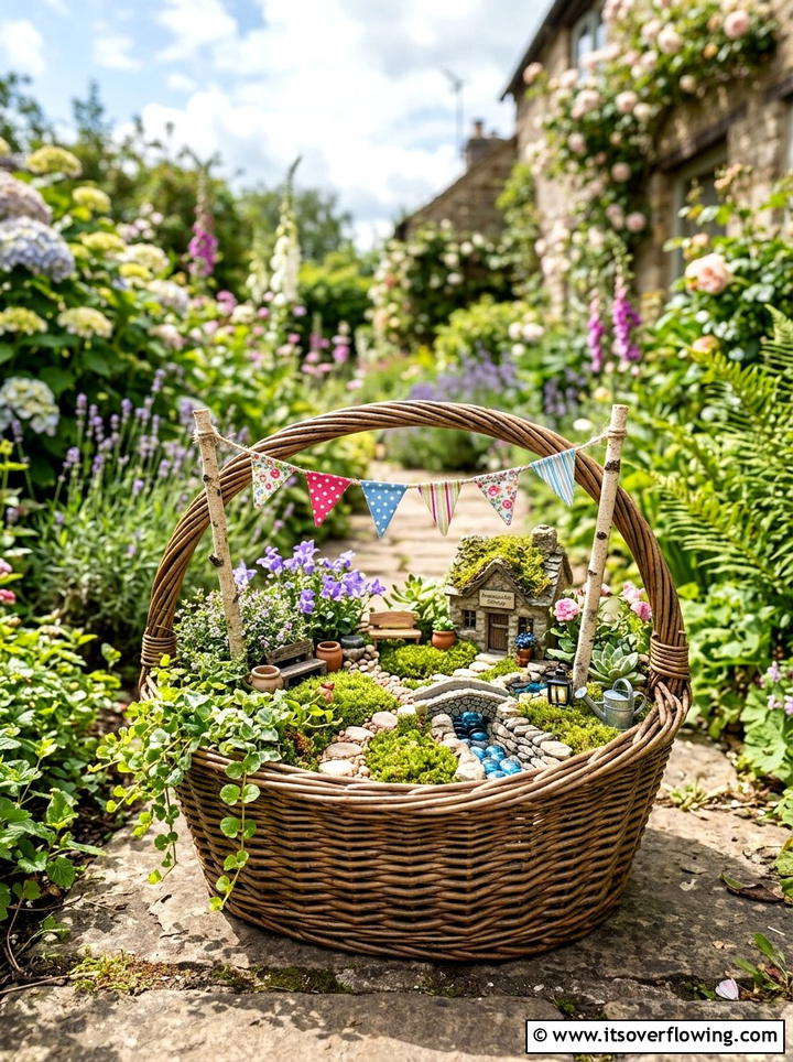 Wicker Basket - 25 upcycled garden ideas with fairy gardens